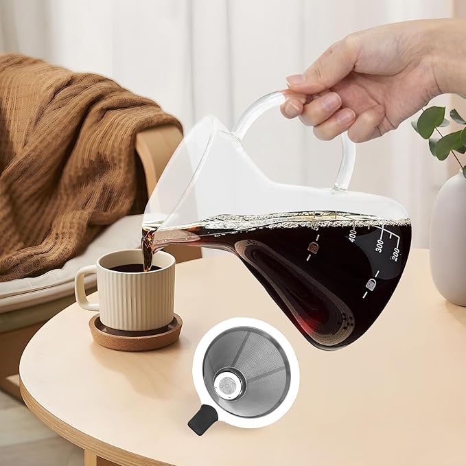 500ML(16.9oz) Glass Pour Over Coffee Maker with Double Stainless Filte - 4 Cup (Approx Refers to 4 oz. Per Cup) Thickened Heat-Resistant Paperless Pour Over Coffee Dripper Perfect Extraction for Home