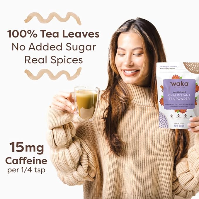 Waka Traditional Chai Tea Powder Mix - Chai Tea Concentrate Sugar Free. Pure Leaves from India, Natural Spices, Unsweetened, No Additives (4.5oz Pouch, 195 Servings)