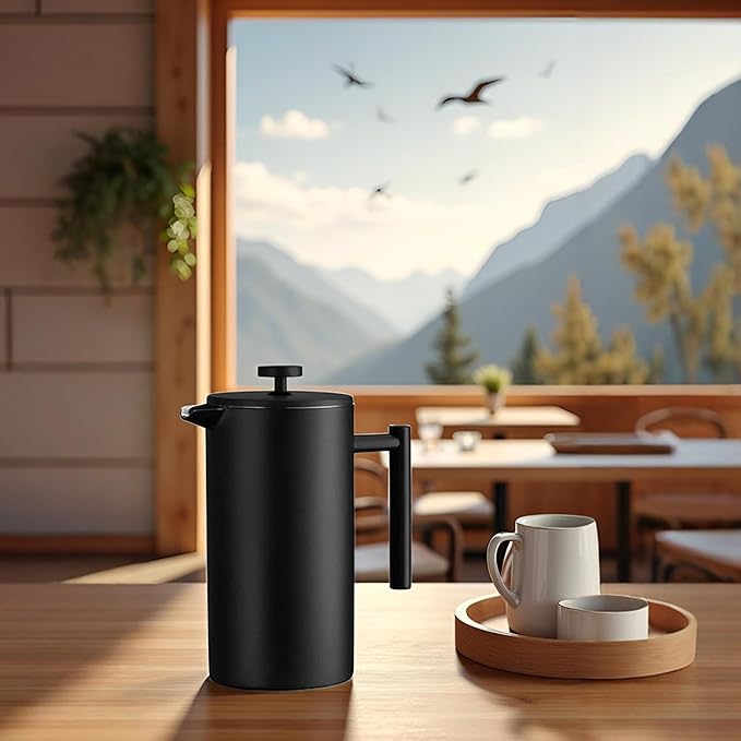 YJX 34oz Coffee Maker, Stainless Steel French Press, 1 Liter Camping Coffee Pot, Tea Maker, 34 Ounce Travel Coffee Presses, Heat Resistant Double Insulated (Black)