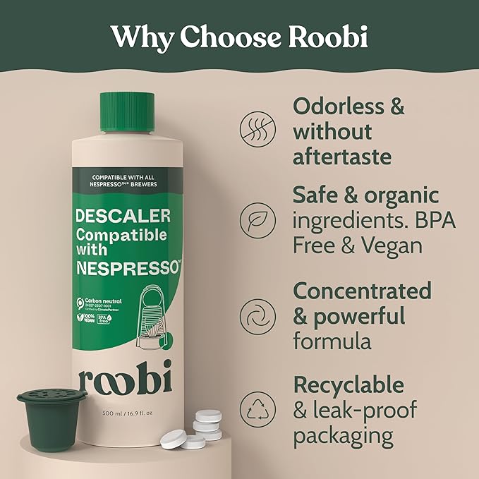 Roobi Descaling and Cleaning Kit Compatible with Nespresso Originaline. Includes 1 Bottle of Descaling Solution, 12 Cleaning Tablets and 1 Reusable Pod. Carbon Neutral. 1 Year Supply.