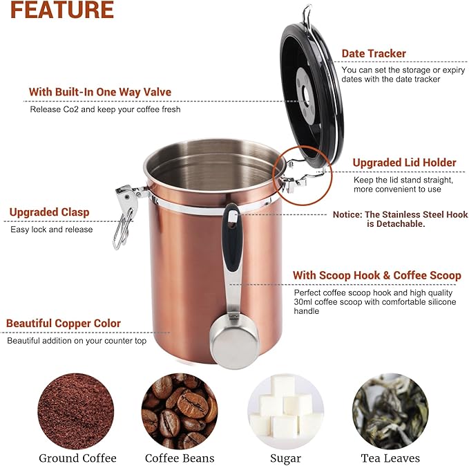 Airtight Coffee Bean Container - Co2 Valve Coffee Bean Canister with Scoop for Ground Coffee Large Copper 21oz