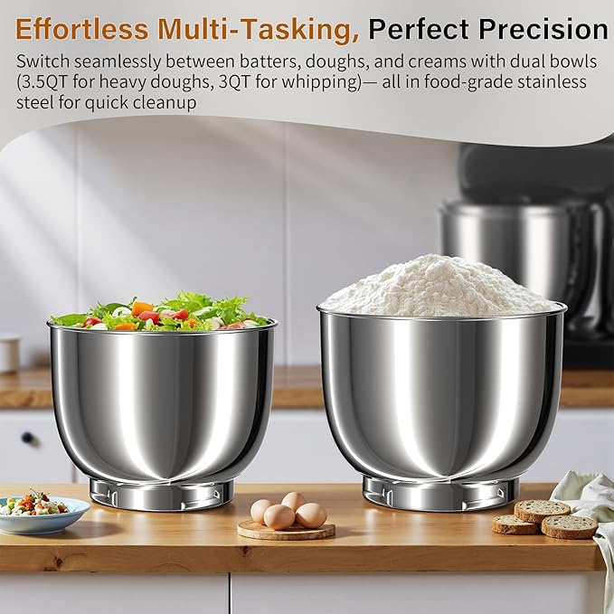 Stand Mixer with 3QT+3.5QT Dual Bowls, 10-Speed Electric 300W Food Mixer - Includes Egg Whisk, Dough Hook & Flat Beater for Home Baking & Daily Cooking (Black)