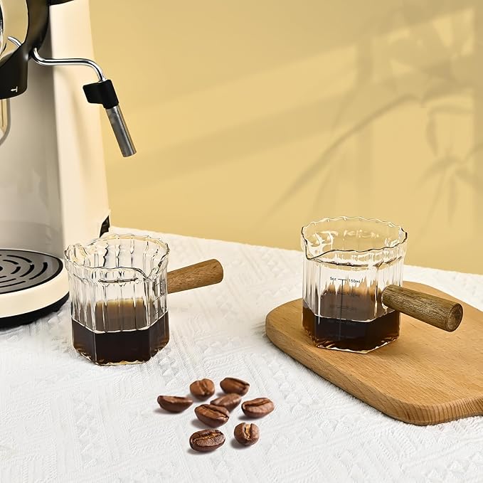 Glass Measuring Cup, 5oz Espresso Shot Glass with Wood Handle, Double Spouts Measuring Triple Pitcher Milk Cup for Coffee Tea (Transparent Ribbed)