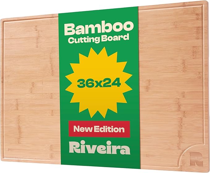 Riveira Brown Bamboo Wood Cutting Board – Gourmet Bamboo Grandeur: 36 x 24 Wooden Cutting Board – Wooden Cutting Boards For Kitchen Decorative – Innovative Juice Grooves Wooden Chopping Board