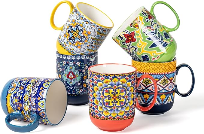 HENXFEN LEAD Coffee Mugs Set 14 Ounce - Multicolor Porcelain Cups for Latte, Hot Tea, Cappuccino, Cocoa, Soup, Dishwasher, Microwave Safe, Christmas Gift Set of 6 - Bohemian Style