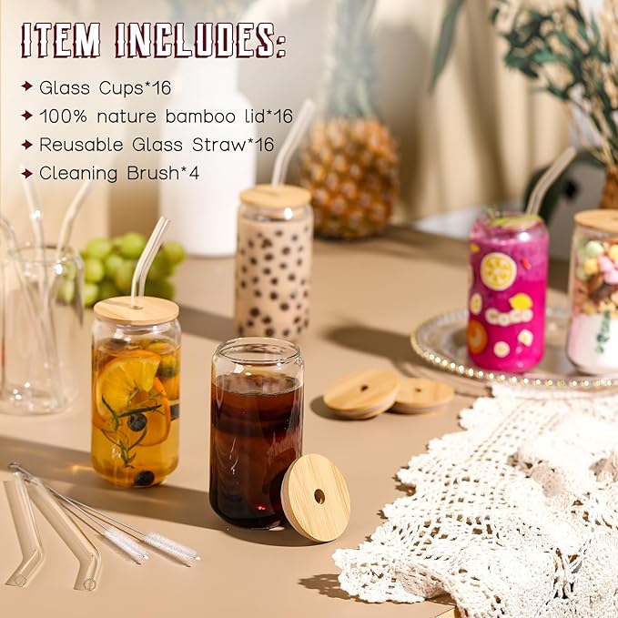 NETANY 16 Pack Glass Cups with Lids and Straws 16 oz, Personalized Customizable Glasses for Gift, Business, Drinking glasses set, Iced Coffee Cup, Cute Aesthetics Tumbler for Tea, Homemade Drinks
