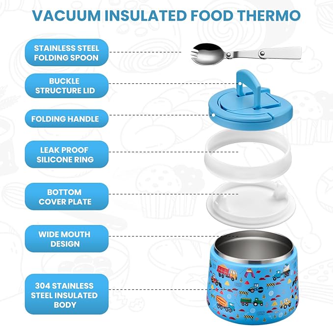 Soup Thermo for Hot Food Kids 14oz Lunch Containers with Buckle Lid Wide Mouth Hot Food Jar Vacuum Insulated Stainless Steel Bento Box Leakproof with Spoon (Truck)