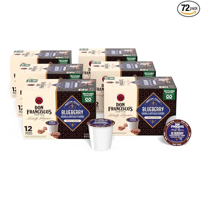 Don Francisco's Blueberry Flavored Coffee - 72 K-Cup Compatible Single-Serve Pods - 100% Arabica - Recyclable through TerraCycle - Smooth, Sweet Berry Flavor - Compatible with Keurig Brewers