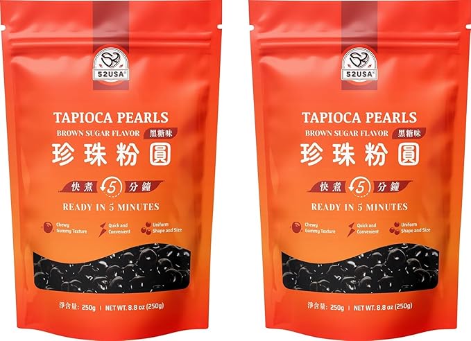52USA Boba Tapioca Pearl, Black Sugar Flavor, Fresh Bubble Tea Pearl, 8.8 Oz (Pack of 2) – Ready in 5 Minutes, Soft & Chewy Black Tapioca Pearls for Milk Tea, Coffee, Smoothies & Desserts