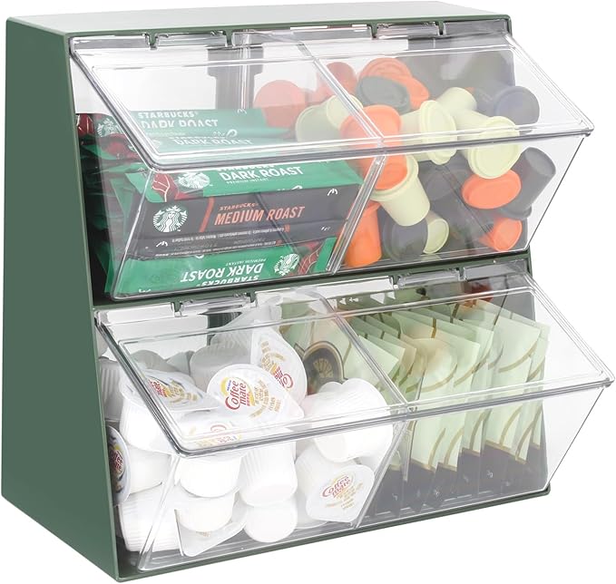Bokelai Plastic Tea Bag Organizer with Lid - Large Capacity K Cup Holder Countertop & Desk Storage Station for Capsule, Creamer, Sugar Pods & Face Masks - Green/Clear