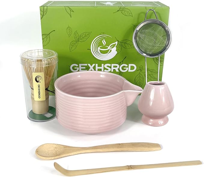 Matcha Whisk Set,6Pcs Matcha Kit Includes Matcha Whisk and Holder,Matcha Bowl with Spout,Matcha Sifter and 2Pcs Matcha Spoon,Suitable as a gift for those who like matcha (Pink)