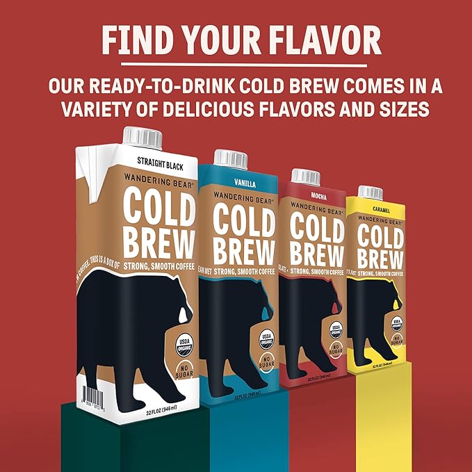 Wandering Bear Organic Mocha Cold Brew Coffee, 32 fl oz, 6 pack - Extra Strong, Bold, Smooth, Unsweetened, Shelf-Stable, Ready to Drink, Gluten Free, & Vegan, Iced Cold Brewed Coffee Drinks