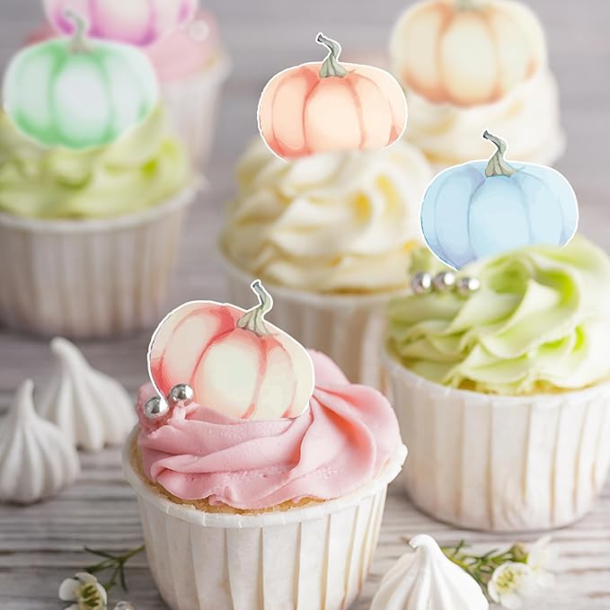 40Pcs Edible Pumpkin Cupcake Toppers Autumn Thanksgiving Theme Party Wafer Paper Color Pumpkin Cupcake Toppers Baby Gender Reveal Party Supplies