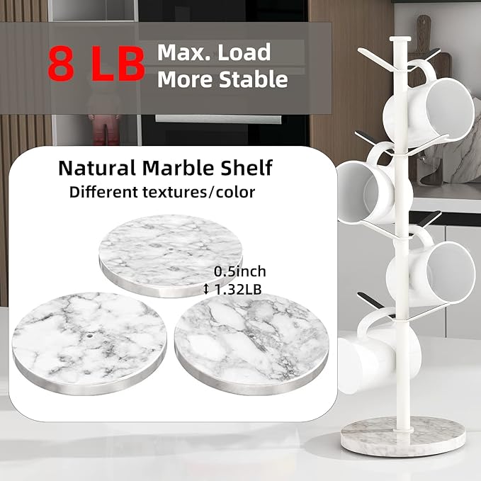 Mug Holder Tree with Marble Base, 8 Hooks White Coffee Cups Holder Stand, New Upgrad Stable Removable Mug Rack for Kitchen Cafe