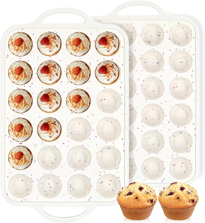 Silicone Mini Muffin Pan, Metal Reinforced Frame 24 Cups Nonstick Mini Cupcake Pans with Handles Easy to Move for Baking Muffin, Cupcake, Egg Bites Oven Safe, 2 Pack Confetti
