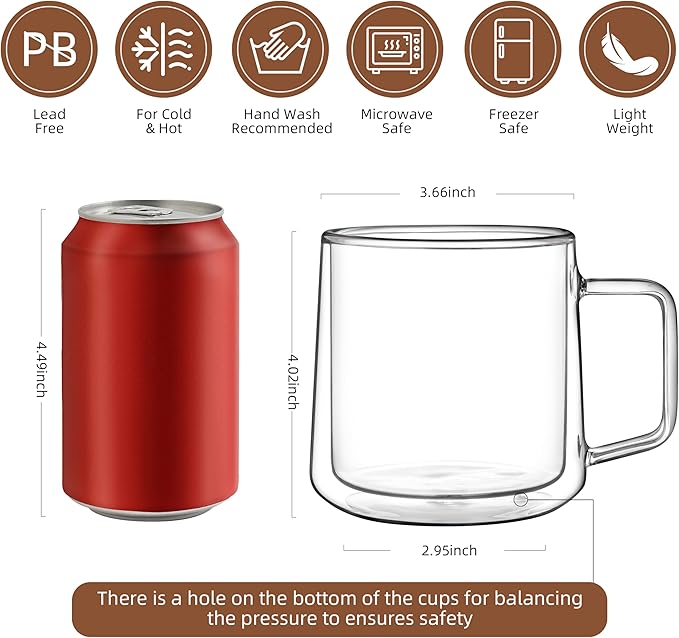 CNGLASS 15oz(4-pack) Double Walled Glass Coffee Mugs,Large Insulated Glass Mugs with Handle,Clear Coffee Cups for Espresso,Latte,Cappuccino,Tea