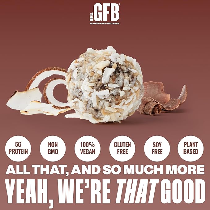 The GFB Dark Chocolate Coconut Protein Bites - Gluten Free, Plant Based, Non GMO, Sustainably Made – Ridiculously Tasty, Healthy, Vegan, Protein Energy Balls, 4 oz (6 Count)