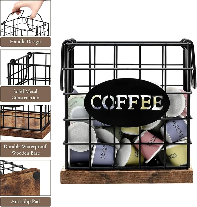 Coffee Pod Holder Organizer,Large Capacity K Cup Holder Organizer, Storage Basket for Kitchen Countertop Office Coffee Bar with Wooden Base(Rustic Brown-Square)