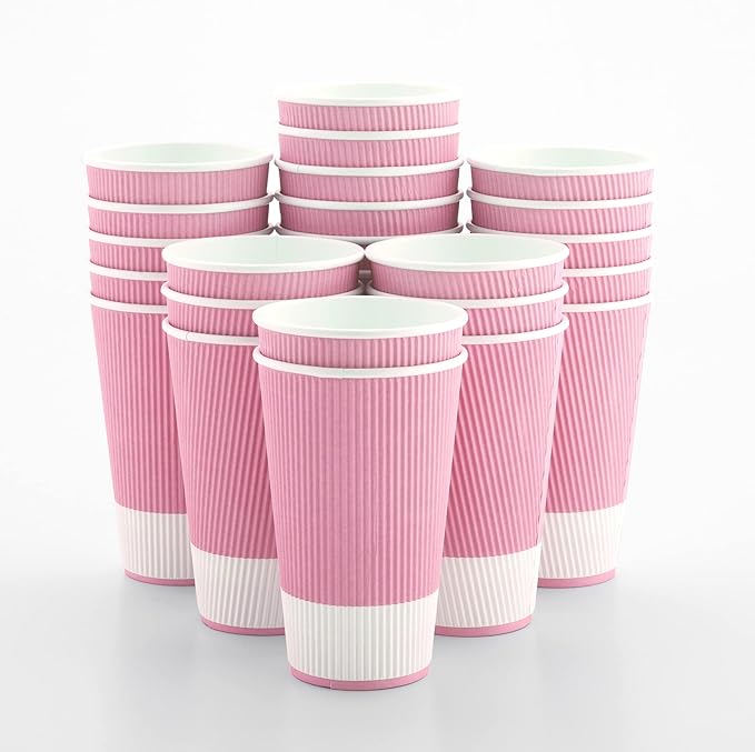 Restaurantware 16 Ounce Ripple Wall Disposable Coffee Cups, 500 Insulated Light Pink Paper Tumblerss for Hot Drinks like Tea and More, Rolled Rim Design, Lids Sold Separately