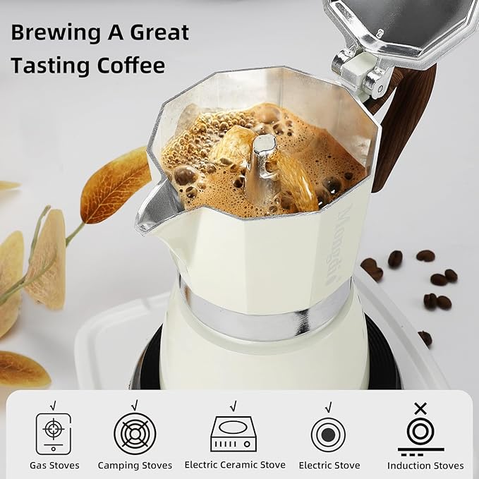 Mongdio Stovetop Espresso Maker Moka Pot, Cuban Coffee Maker Stove top coffee maker Moka Italian Espresso Greca Coffee Maker Brewer Percolator, 3 Espresso Cups, 5 oz - White