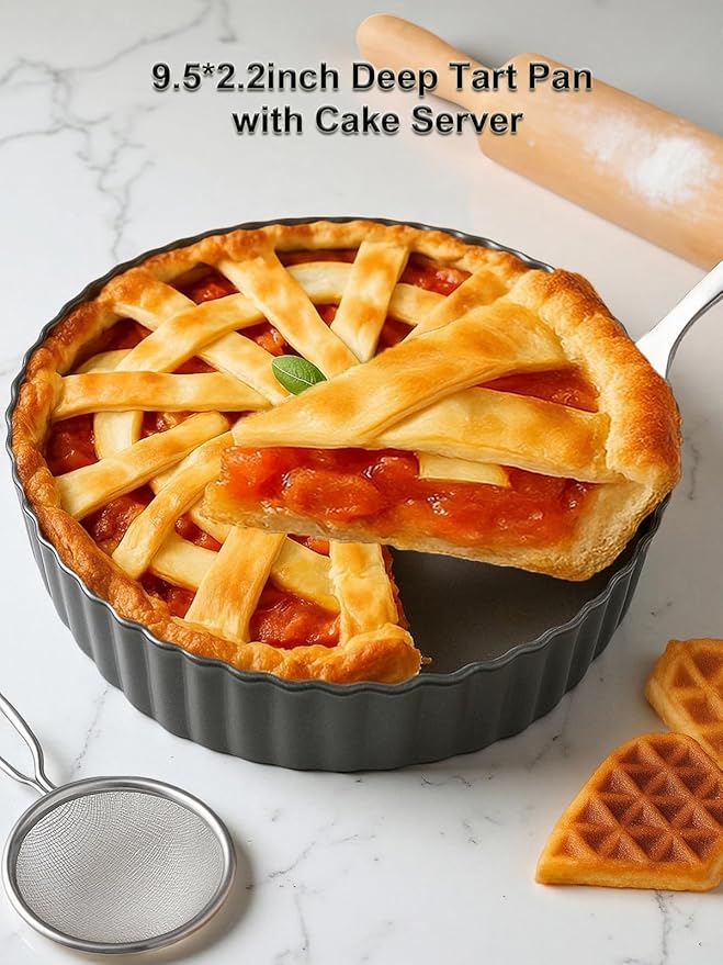 9.5*2.2 Inch Deep Tart Pan w/ Pie Cake Server. Removable Bottom, Non-Stick Coating, Rugged Carbon Steel for Tart Quiche Baking. Gift for Women Wife Christmas Thanksgiving Party Festival Family
