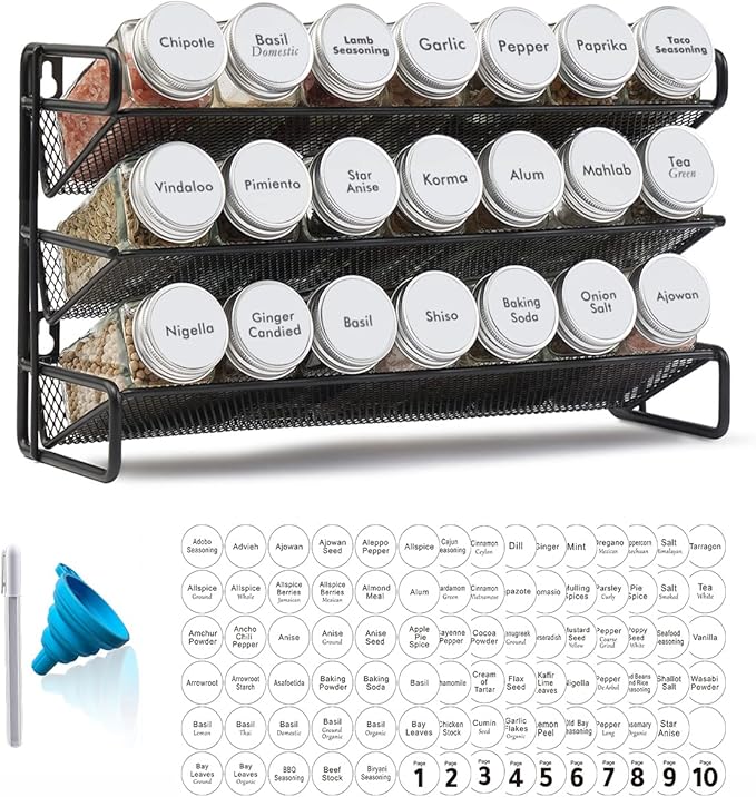 SpaceAid Spice Rack Organizer with 21 Spice Jars, 386 Spice Labels, Chalk Marker and Funnel Set for Cabinet, Countertop, Pantry, Cupboard or Door & Wall Mount - 21 Jars, 13.4" W × 9" H, White