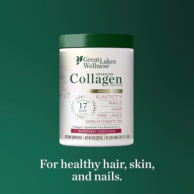 Great Lakes Wellness Beauty Boost Advanced Collagen Peptides Powder with Hyaluronic Acid, Biotin, Vitamin C - Skin Elasticity and Hydration - Raspberry Lemonade Flavor - Non-GMO, Keto, Kosher - 8 oz