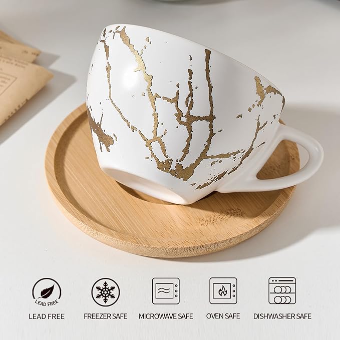 LUKA Ceramic Demitasse Espresso Cups Set with Saucers and Metal Stand, 8 oz Porcelain Stackable Cappuccino Cups Teacup For Tea, Espresso, Latte, Coffee, Cafe Mocha, Set of 4, White