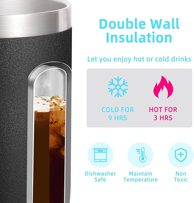 Volhoply 14oz Insulated Stainless Steel Coffee Mug with Leakproof Lid,Double Wall Vacuum Travel Coffee Cup with Handle,Reusable Metal Cups Tumbler,Camping Mugs Keep Hot/Cold,Gifts(Black,1)