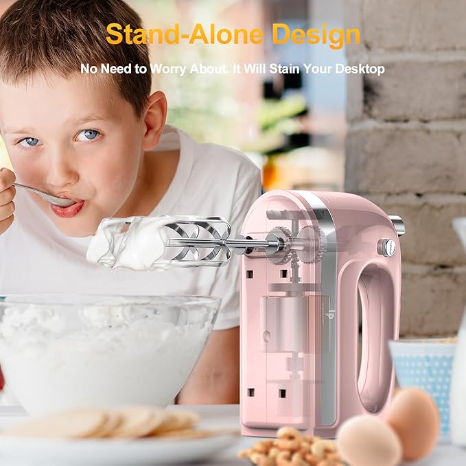 Hand Mixer Electric, 400W Food Mixer 5 Speeds Handheld Blender, 5 Stainless Steel Accessories, Storage Box, Kitchen Blender with Cord for Cream, Cookies, Dishwasher Safe, Pink