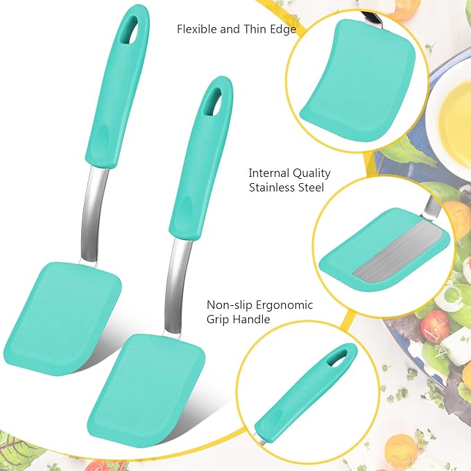Silicone Cookie Spatula Turner 2 Pack Mini Brownie Spatula Flexible Kitchen Small Silicone Turner for Nonstick Cookware Heat Resistant No Scratch Flipper for Egg Pancake(Green)