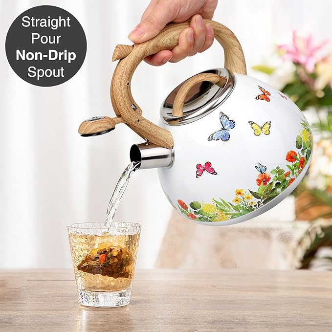 Tea Kettle, Toptier Teapot Whistling Kettle with Wood Pattern Handle Loud Whistle, Food Grade Stainless Steel Tea Pot for Stovetops Induction Water Kettle, 2.7-Quart Butterfly