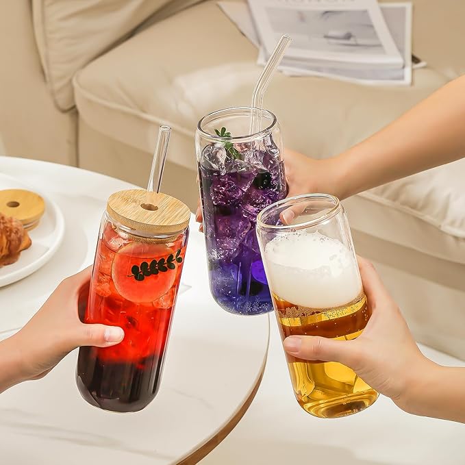 20 Oz Drinking Glasses with Bamboo Lids and Glass Straw - 8 Pcs Glass Cups Beer Ice Coffee Glasses Cute Aesthetic Cup Great for Coffee Bar Accessories Include 2 Cleaning Brushes
