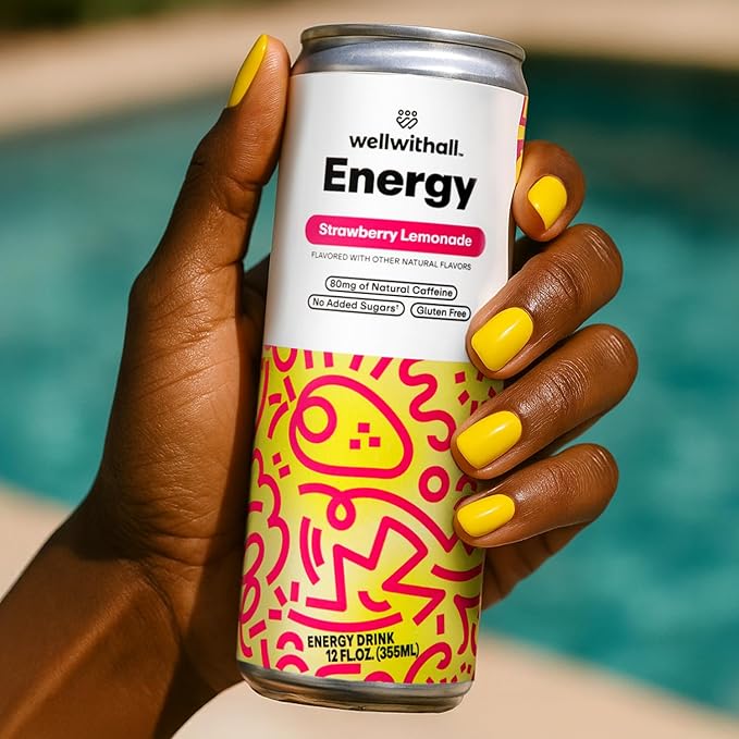 WellWithAll Energy Drink - Natural Caffeine from Tea - Healthy Energy Drink - Lightly Sparkling - Blend of Fruit and Veggie Juices - 12 Oz (Pack of 12) (12 Fl Oz (Pack of 12), Strawberry Lemonade)