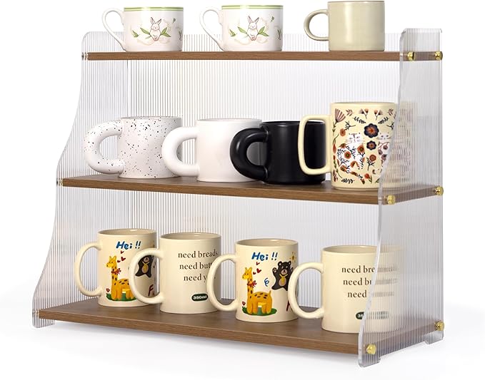 Coffee Mug Holder Wooden Cup Station Organizer 3 Tier Cup Holder for Coffee Bar Mug Display Rack for Countertop Mug Holder Shelf for Home Kitchen Trapezium-Nutbrown
