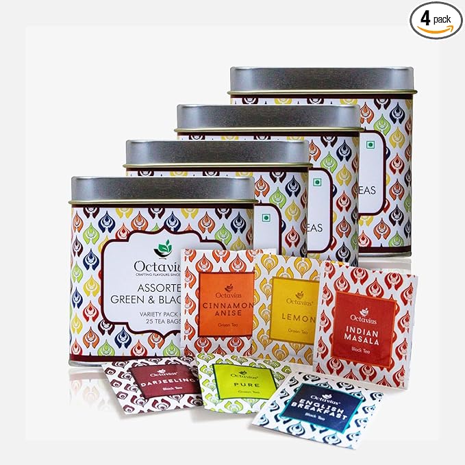 Octavius Tea Variety Pack | 6 Assorted Black & Green Tea Flavors | 25 Teabags | Tea Sampler Pack | Pack of 4 | 100 Teabags | Premium Indian Tea Gift Set