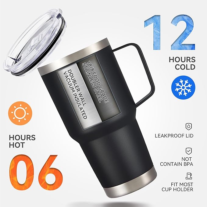 30 oz Tumbler with Handle and Lid, Stainless Steel Tumblers Double Wall Vacuum Insulated Travel Mug Leak Proof Cup Keep Drinks Cold and Hot Black, 1 Pack