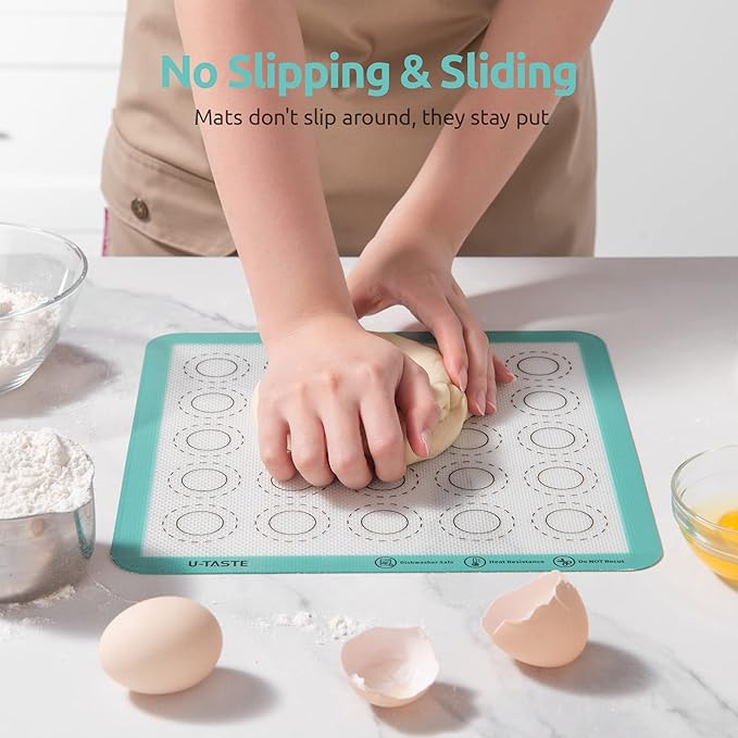 446ºF Heat Resistant Macaron Mat: U-Taste 11x11in Non Stick Silicone Baking Mat, Reusable Cookies Pastry Sheet Liner with Edge Enhancement & Circle Measurement for Square Cake Pan (Aqua Sky)