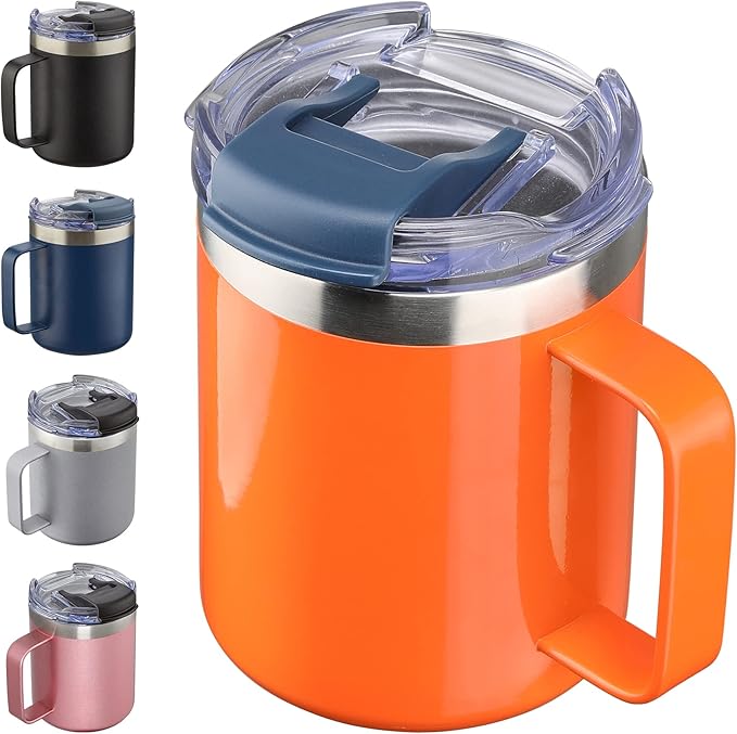 ALOUFEA 12oz Insulated Coffee Mug Cup with Handle, Stainless Steel Travel Coffee Mug with Flip Lid, Double Wall Vacuum Coffee Tumbler, Orange