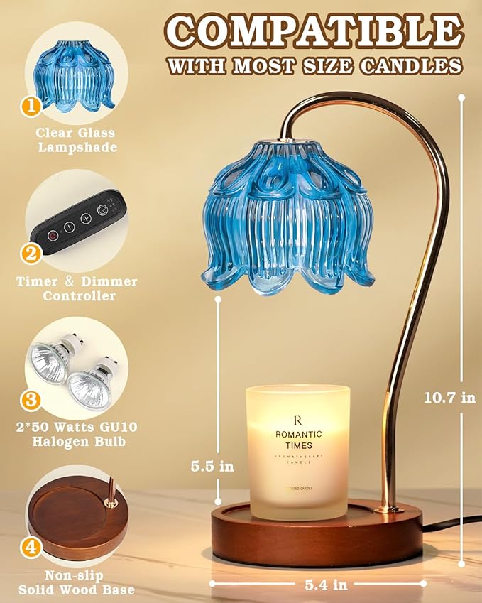 Flower Candle Warmer Lamp with Timer, Blue Candle Lamp Warmer, Birthday Gifts for Women, Mom, Wife, Dimmable Glass Lamp Candle Light Gifts, Aromatic Candle Wax Warmer for Vintage Livingroom Decor