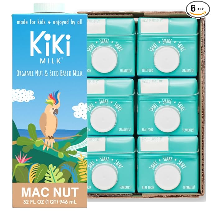 Kiki Milk Plant-Based Milk - Organic Mac Nut Seed Milk - Calcium & Magnesium Source - Gluten, Gum, GMO, Dairy, Soy, Glyphosate Free - Shelf Stable (32 oz Pack of 6)