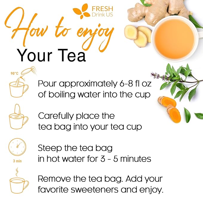 FreshDrinkUS, Premium 75 Tulsi Turmeric Ginger Tea Bags, 100% Natural & Pure from Tulsi Holy Basil Leaves, Turmeric and Ginger. Made with Natural Material Tea Bags. No Sugar, No Caffeine, Vegan.