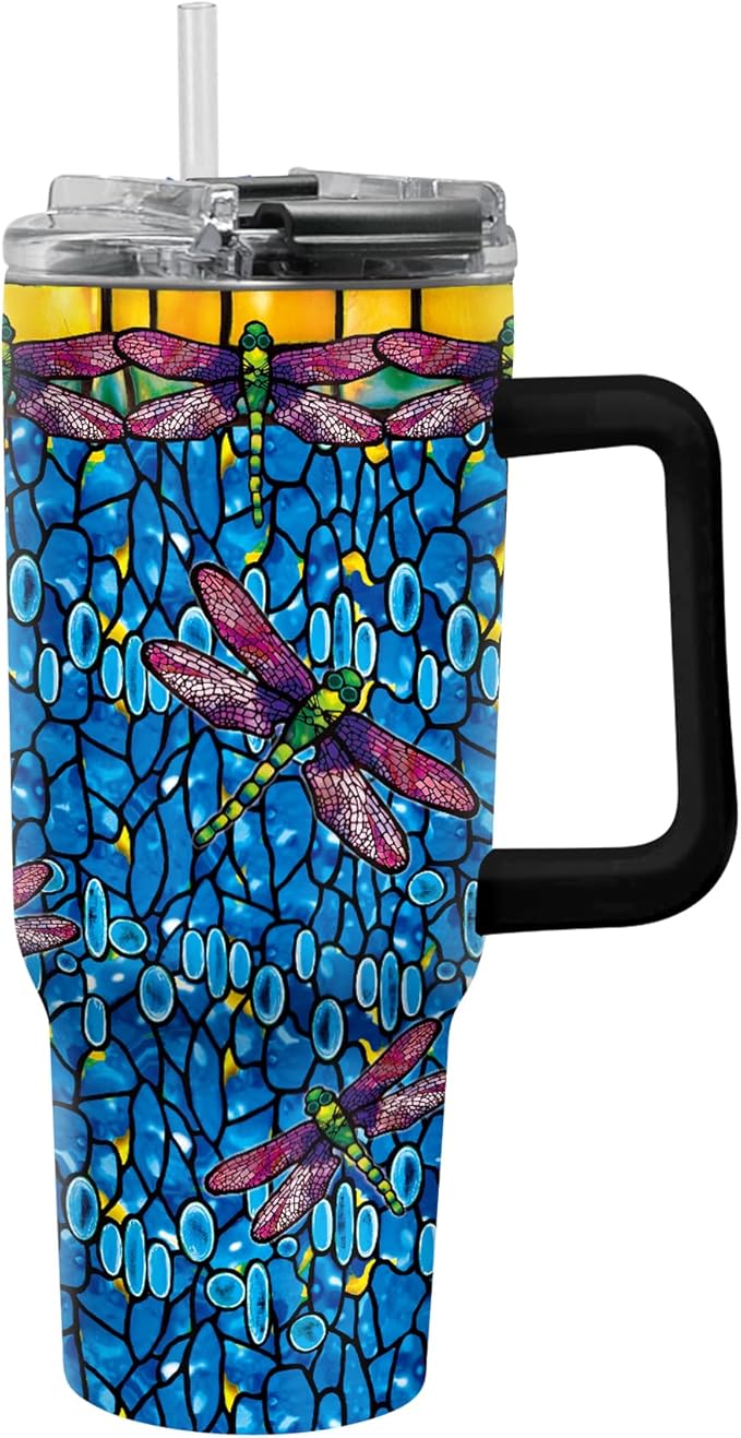 RainCaper 18/8 Stainless Steel Insulated Water Tumbler with Straw | 30oz, BPA-Free, Double Wall for Hot & Cold | Travel-Friendly, Cup Holder Ready (Tiffany Dragonfly - Purple)