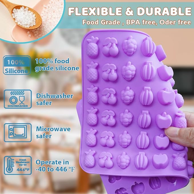 HKNMTT Gummy Fruit Molds Silicone, Mini Cute Fruit Shaped Candy Chocolate Tray Molds With 2 Droppers, 4 Pack 264 Cavities Non-stick Bite Size Kids Apple Molds, DIY Candy Making Kit
