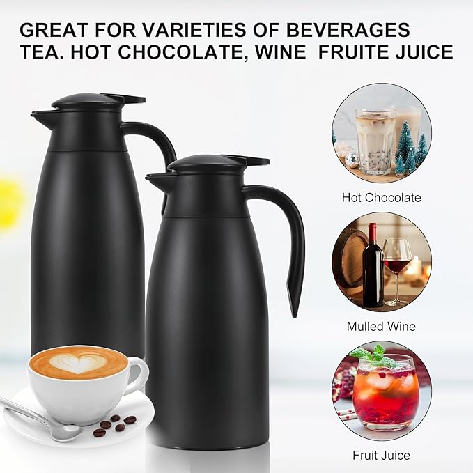 70 oz Thermal Coffee Carafe, Updated 2 PCS Insulated Stainless Steel Coffee Carafes for Keeping Hot Coffee & Water Hot Beverage-12Hours, Double Walled Vacuum Coffee Carafe（Blue+Blue)