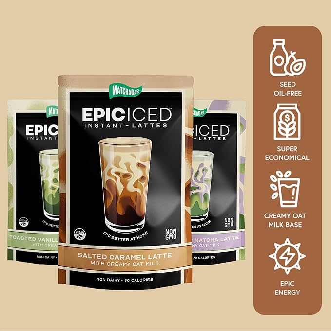 Matchabar Epic Iced Instant Latte Powder | Salted Caramel Espresso w/Oat Milk Base | Low Sugar, Non-Diary & Vegan Instant Iced Coffee Powder | Barista-Quality Creamy Latte Mix | 10 Servings