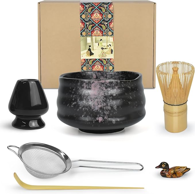 Artcome Matcha Ceremony Kit for Japanese Tea Ceremony, Traditional Matcha Bowl, Whisk, Tea Scoop, Matcha Powder Strainer, Matcha Tea Set For Making Usucha, Koicha and Matcha Latte (Black)