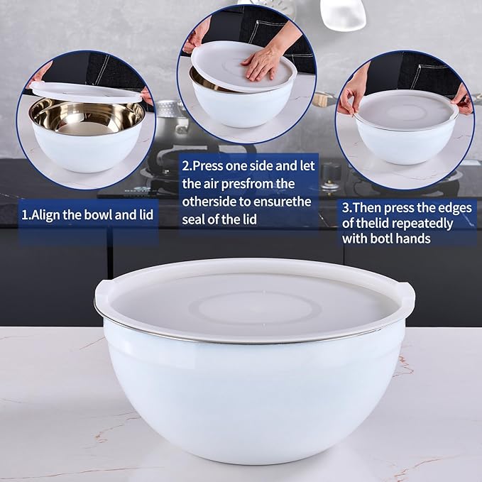 White Mixing Bowls With Airtight Lids,Stainless Steel Bowl,Salad Bowls 7 Piece Colorful Nesting Bowl White Kitchen Accessories,Size 7,3.6,2.7,2.1,1.5,1.1,0.8QT Stackable Design