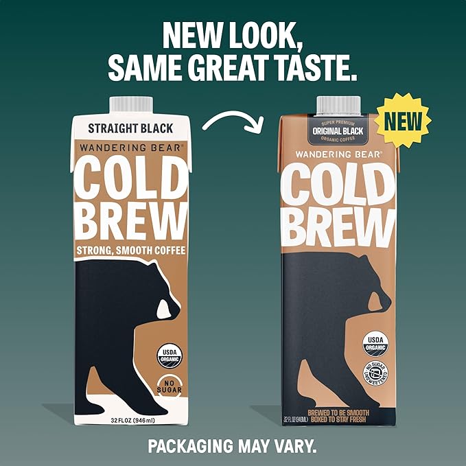Wandering Bear Straight Black Organic Cold Brew Coffee, 32 fl oz, 6 pack - Extra Strong, Bold, Smooth, Unsweetened, Shelf-Stable, Ready to Drink, 100% Organic, Iced Cold Brewed Coffee Drinks