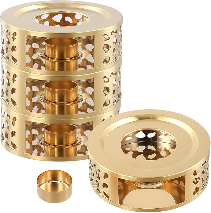 4 PCS Teapot Warmer, Stainless Steel Teapot Warmer, Metal Teapot Heater with Tealight Candle Holder, Brushed Coffee Tea Warmer Base for Glass or Ceramic Teapot, Gold